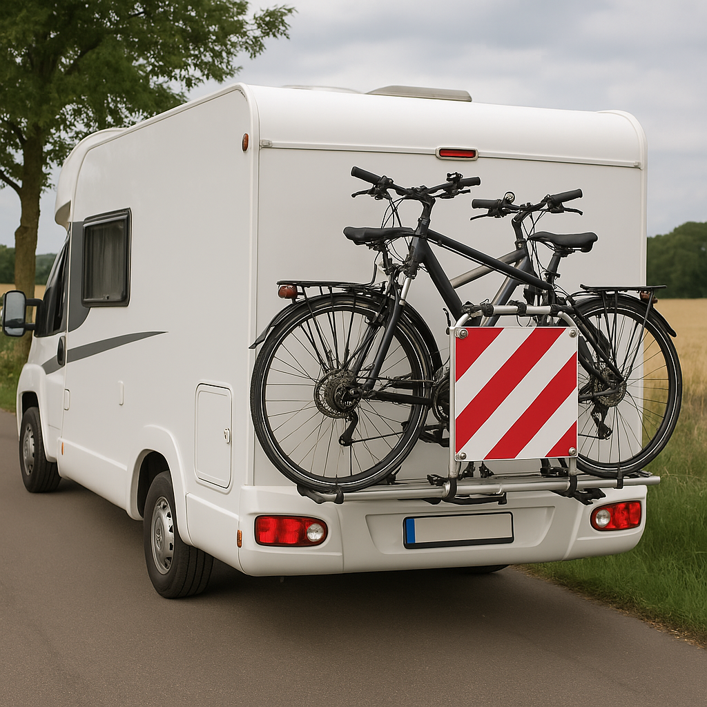 ein weißes Wohnmobil mit Fahrradträger und Warntafel